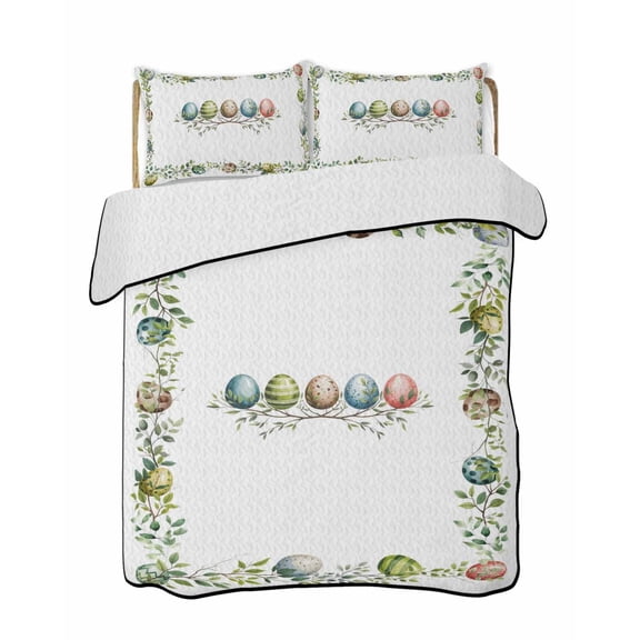 Easter Colored Egg Quilts Bedding Set California King Green Leaf Blue Egg Plants Spring Lightweight Quilted Bedspread 3 Piece Bed Quilt with 2 Pillow Shams All Season for Bedroom 96" x 106"