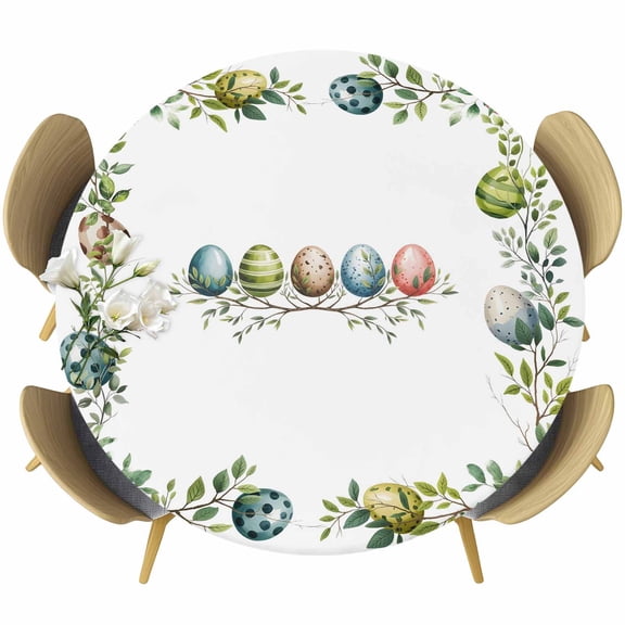 Easter Colored Egg Round Fitted Tablecloth with Elastic Edge, Green Leaf Blue Egg Plants Spring Stretch Table Covers for 36"-44" Tables Wipeable Table Cloth for Outdoor