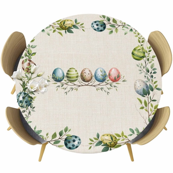 Easter Colored Egg Round Fitted Tablecloth with Elastic Edge, Green Leaf Blue Egg Plants Spring Vintage Linen Stretch Table Covers for 55"-60" Tables Wipeable Table Cloth for Outdoor