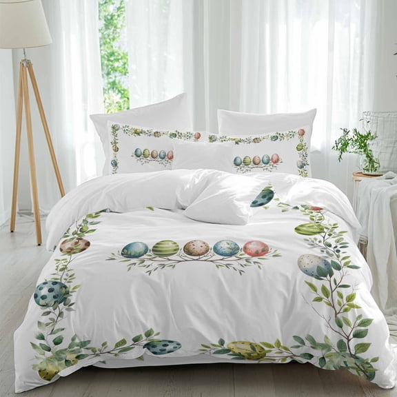 Easter Colored Egg Twin Size Comforter Set, Green Leaf Blue Egg Plants Spring Bedding for All Seasons, 4 Pcs Bed Set, 1 Quiltcover (68"x86") ,1Sheet(67"x116"), 2Pillowcases (30"x20")
