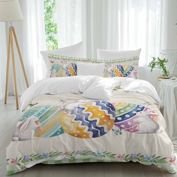 Easter Colored Eggs Queen Size Comforter Set, Rabbit Green Plaid Vintage Linen Spring Bedding for All Seasons, 4 Pcs Bed Set, 1Quiltcover (90"x92") ,1Sheet(94"x116"), 2Pillowcases (30"x20")