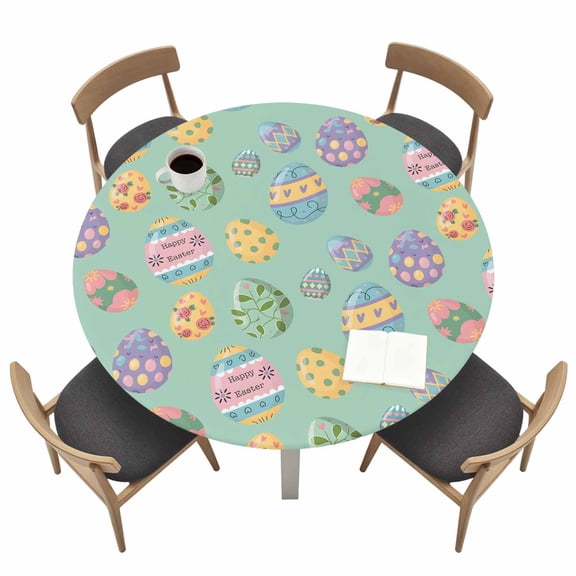 Easter Colored Eggs Round Fitted Tablecloth with Elastic Edge Yellow Egg Green Background Table Cover Fit for 55"-60" Tables Waterproof Tablecloths for Dinner Camping Picnic