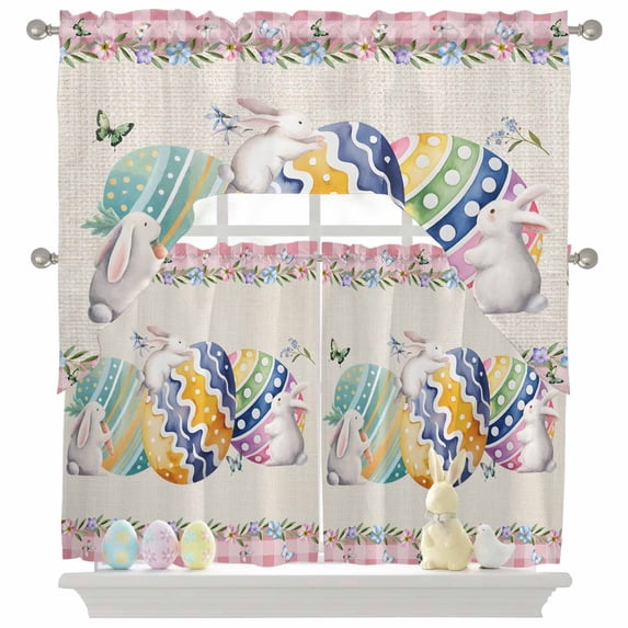 Easter Colored Eggs Swag Curtains Valance & Tier Set, Rabbit Pink Plaid Vintage Linen Spring 3 Pcs Set Kitchen Swag Valances and Tiers 36 Inch Length Rod Pocket Curtain Drapes for Bedroom