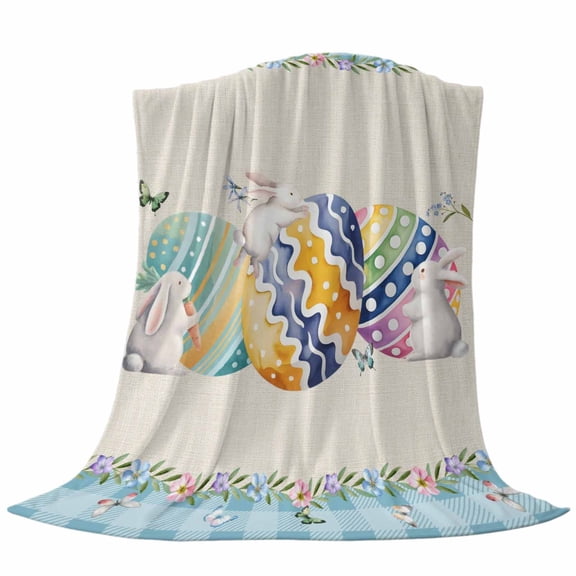 Easter Colored Eggs Throw Flannel Blanket Rabbit Blue Plaid Vintage Linen Spring Super Soft Cozy Bed Blanket, Lightweight Plush Fuzzy Bed Throw for Bedroom Sofa Couch Living Room 30x40In,