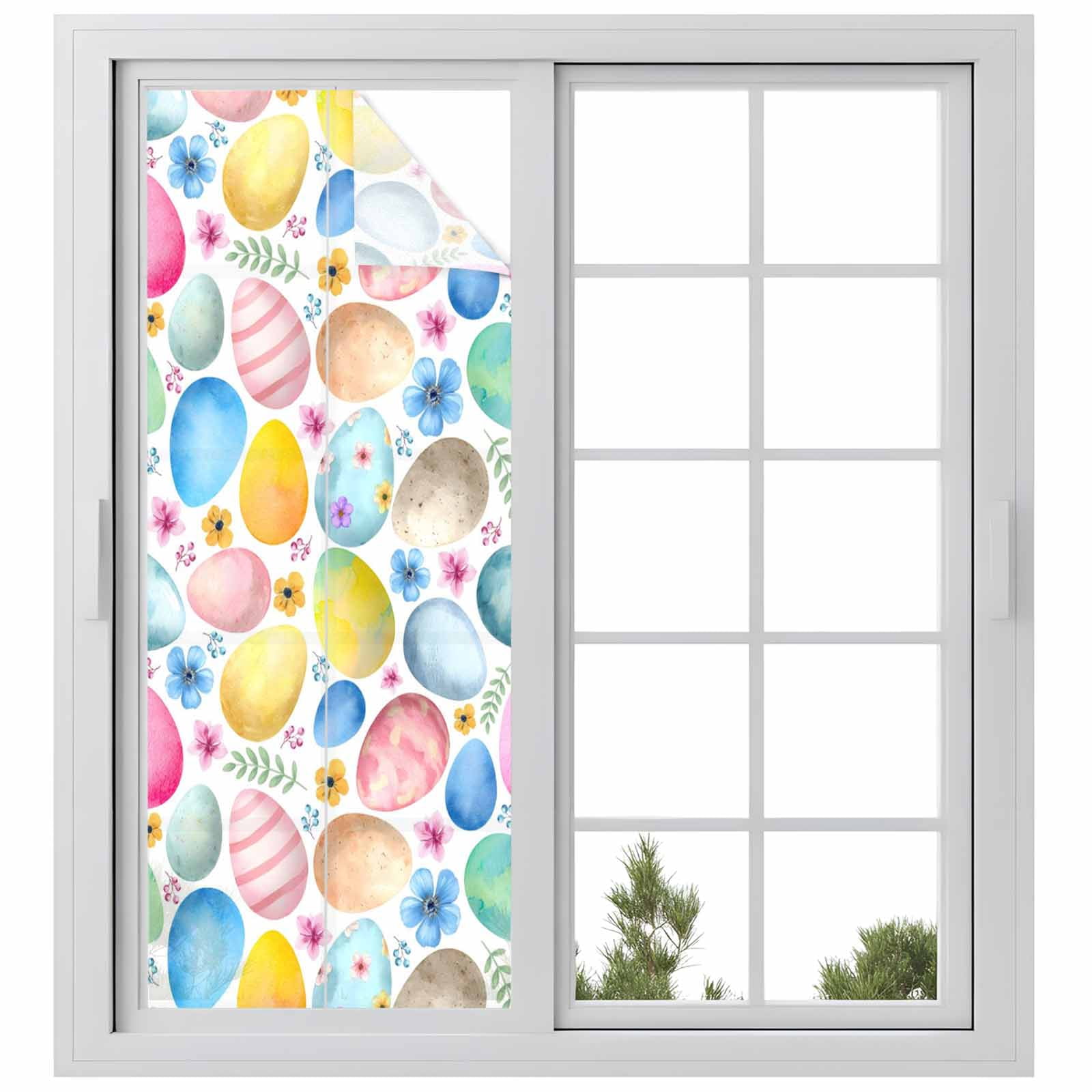 Easter Colored Eggs Window Privacy Film, Blue Pink Orange Flower Leaf Spring Frosted Glass Window Clings Static Cling UV Heat Blocking Reusable Door Sticker for Bathroom 23.6 x 59 Inch