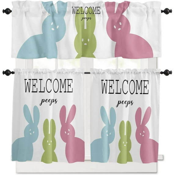 Easter Colorful Bunny Peeps Kitchen Curtain Valance and Tier Set, Simple White Backdrop Short Half Window Treatments Rod Pocket Curtain Panels for Bedroom Living Room, 54x18 Valance 55x36 Tier
