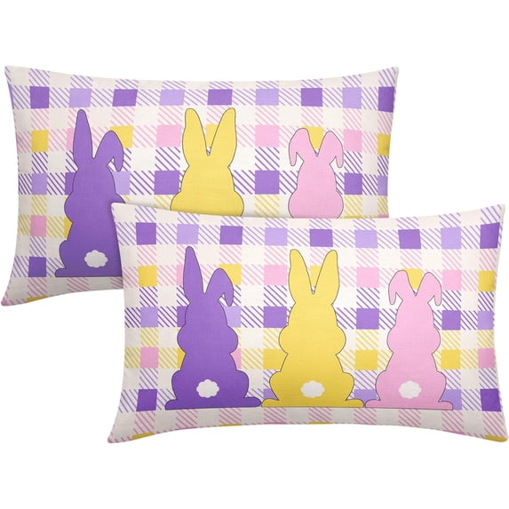 Easter Colorful Bunny Pillow Covers 12x20 Inch Set of 2 Easter Buffalo Plaid Lumbar Throw Pillowcase Cotton Linen Rectangle Dcorative Spring Bunny Cushion Cover for Sofa Bedroom Indoor Outdoor Party