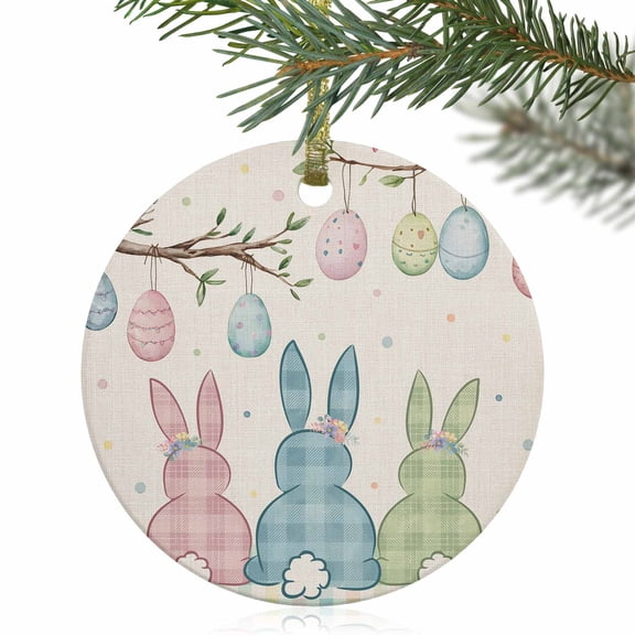 Easter Colorful Bunny on Vintage Linen Christmas Ceramic Ornament 2025,3" Round Xmas Tree Hanging Accessories with Gold Ribbon