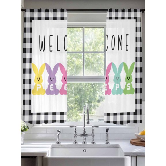 Easter Colorful Cartoon Rabbit Peeps Chiffon Sheer Curtains 63 Inches Long, Quote and White Black Lattice 2 Rod Pocket Window Treatment Voile Drapes Curtains for Living Room Bedroom,2 Panels, 52x63In