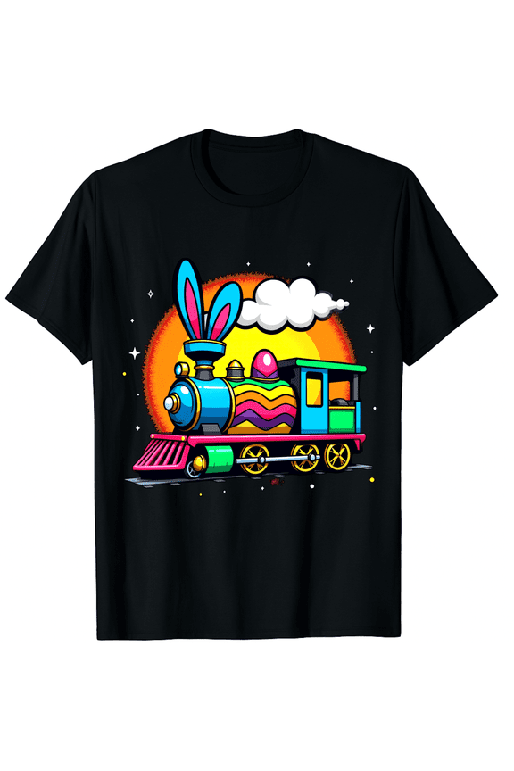 Easter Colorful Egg Train Rabbit Ears Sunset Background Graphic Short Sleeve T-Shirt for Women Men Novelty Holiday Rail Fan Top