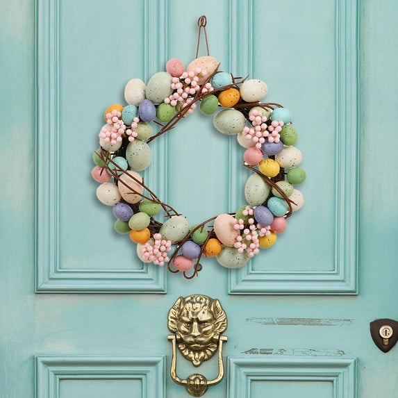Easter Colorful Egg Wreath Spring Rabbit Garland Welcome Wall Hanging Handmade Pendants Bunny for Window Party Holiday Fence Decoration 35cm