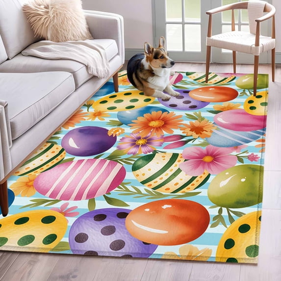 Easter Colorful Eggs Area Rug 3x5 Washable Rug Non Slip Spring Floral Polka Dot Blue Striped Large Area Rug Indoor Floor Carpet for Entryway Bedroom Kitchen Living Room Home Office Dining Room