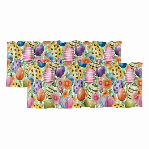 Easter Colorful Eggs Curtain Valances for Windows, Kitchen Valance Window Treatments Panel 2 Pack, Spring Floral Polka Dot Green Striped Rod Pocket Short Curtains for Bathroom Bedroom 42 x 18 Inch