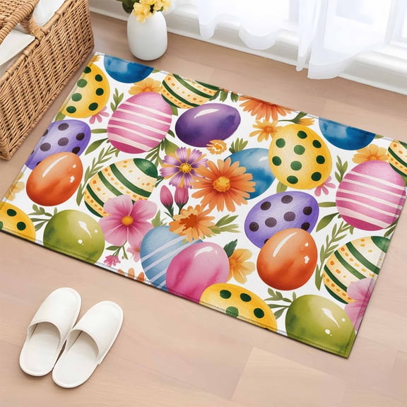 Easter Colorful Eggs Entryway Rug 2'x3' Non Slip Front Door Mats, Farmhouse Floral Polka Dot Entrance Rugs Indoor Outdoor Carpet, Washable Floor Mats Small Area Rug for Bedroom Kitchen