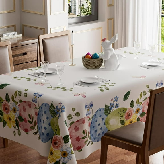 Easter Colorful Eggs Flowers Butterfly Eucalyptus Leaves Tablecloth Rectangle Washable Table Covers for Spring Indoor Outdoor Dining Table Home Party Decorations 60x84 Inch