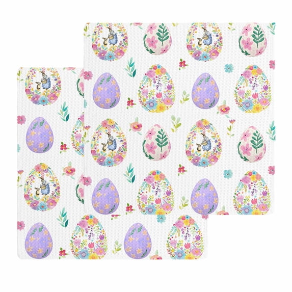 Easter Colorful Eggs Kitchen Dish Towels for Drying Dishes Set of 2, Spring Flowers Leaves Country Plants Waffle Weave Microfiber Hand Tea Bathroom Towels Quick Dry & Absorbent Towel 12x12
