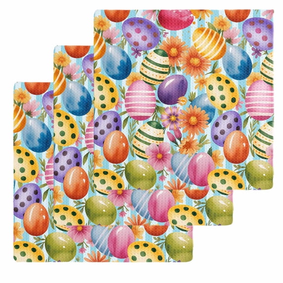 Easter Colorful Eggs Kitchen Dish Towels for Drying Dishes Set of 3, Spring Floral Polka Dot Blue Striped Waffle Weave Microfiber Hand Tea Bathroom Towels Quick Dry & Absorbent Towel 12x12
