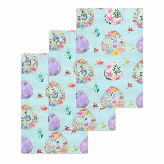 Easter Colorful Eggs Kitchen Dish Towels for Drying Dishes Set of 3, Spring Flowers Leaves Country Plants Blue Waffle Weave Microfiber Hand Tea Bathroom Towels Quick Dry & Absorbent Towel 15.7x23.6
