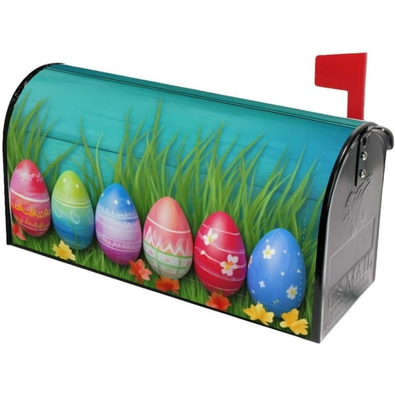 Easter Colorful Eggs Mailbox Covers, Green Grass Magnetic Post Box Cover Wraps Standard Size 21x18 in for Garden Yard Decor