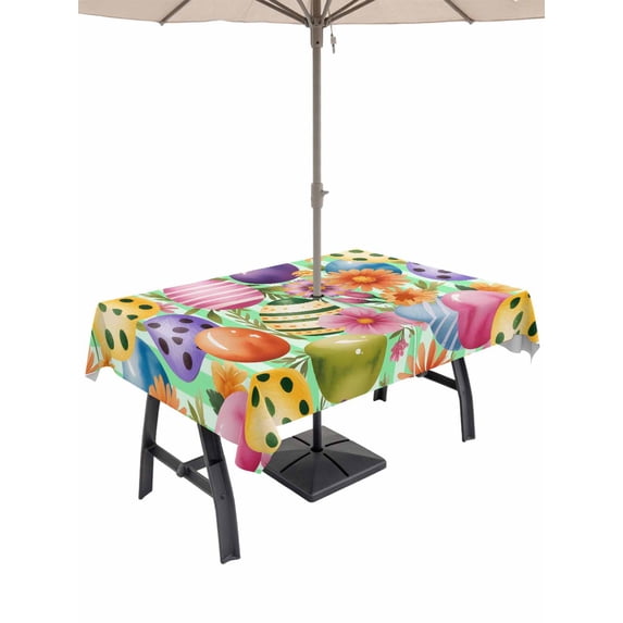 Easter Colorful Eggs Outdoor Tablecloth - 52x70 Inch Rectangle Dining Table Cover, Spring Floral Polka Dot Green Striped Waterproof Outdoor Table Cloth with Umbrella Hole & Zipper for Picnic/Patio
