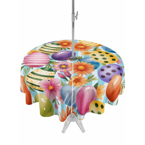 Easter Colorful Eggs Outdoor Tablecloth - 60 Inch Round Dining Table Cover, Spring Floral Polka Dot Blue Striped Waterproof Outdoor Table Cloth with Umbrella Hole & Zipper for Picnic/Patio/Party