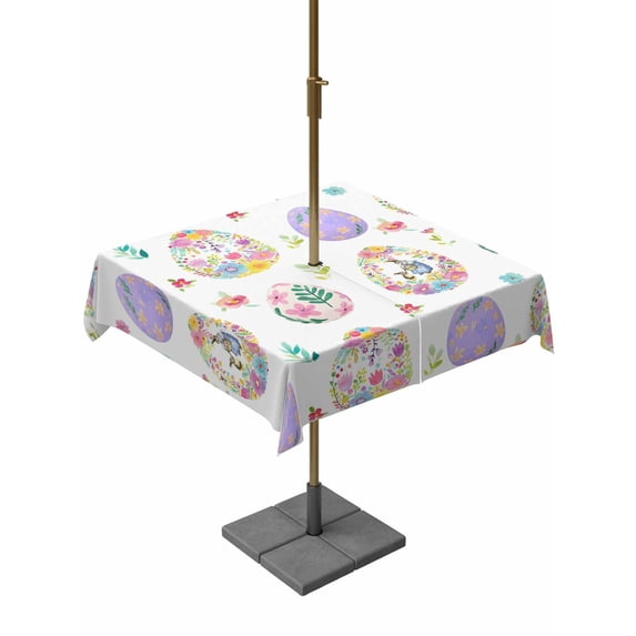 Easter Colorful Eggs Outdoor Tablecloth - 60x60 Inch Square Dining Table Cover, Spring Flowers Leaves Country Plants Waterproof Outdoor Table Cloth with Umbrella Hole & Zipper for Picnic/Patio/Party