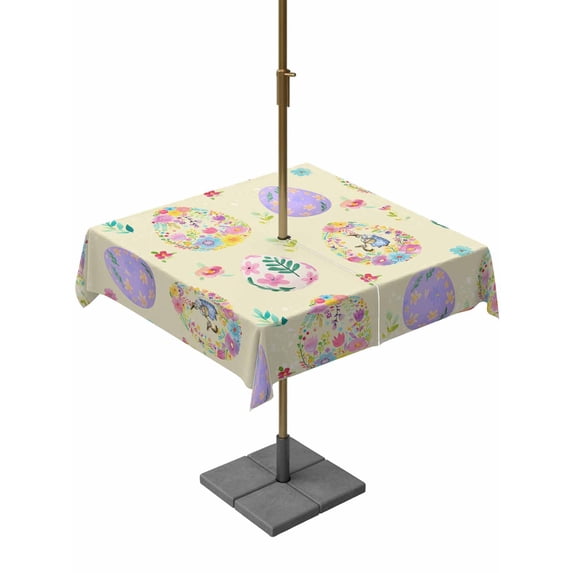 Easter Colorful Eggs Outdoor Tablecloth - 60x60 Inch Square Dining Table Cover, Spring Flowers Leaves Country Plants Yellow Waterproof Outdoor Table Cloth with Umbrella Hole & Zipper for Picnic/Patio