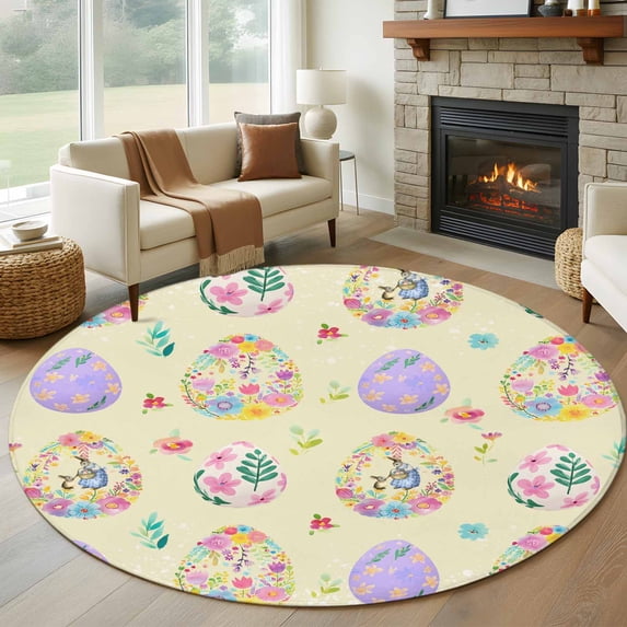 Easter Colorful Eggs Round Area Rug 5ft, Spring Flowers Leaves Country Plants Yellow Washable Non-Slip Circle Rugs for Bedroom Living Room Kitchen, Low Pile Carpet for Dining Room Playroom Nursery