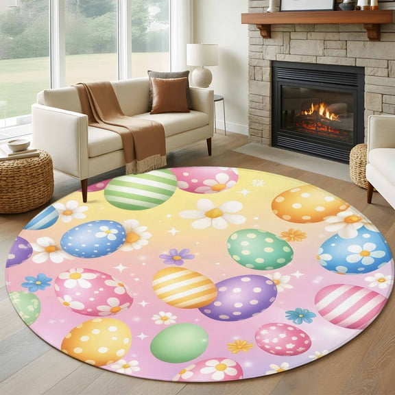 Easter Colorful Eggs Round Area Rug 6Ft Washable Circle Rugs for Bathroom Office, White Daisy Spring Flowers Non-Slip Carpet Floor Mats Indoor Outdoor Carpet Runner Aesthetic Home Decor