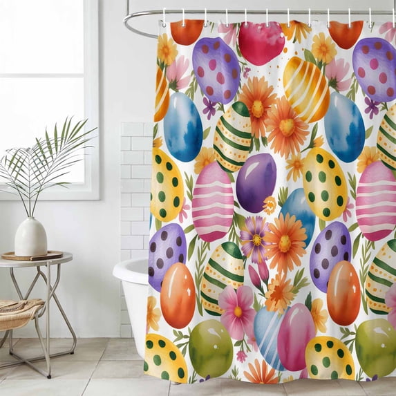 Easter Colorful Eggs Standard Shower Curtain Set, Waterproof Shower Curtains for Bathroom, Farmhouse Floral Polka Dot Washable Fabric Cloth Bath Curtain for Bathtub Decoration with Hooks 72x72 Inches