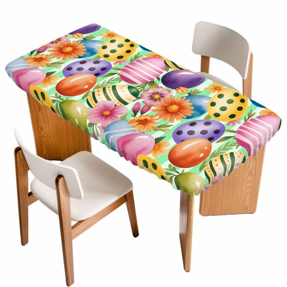 Easter Colorful Eggs Table Cloths for 3 Foot Rectangle Tables, Spring Floral Polka Dot Green Striped Patio Waterproof Elastic Fitted Tablecloths, Washable Rectangular Table Cover for Camping