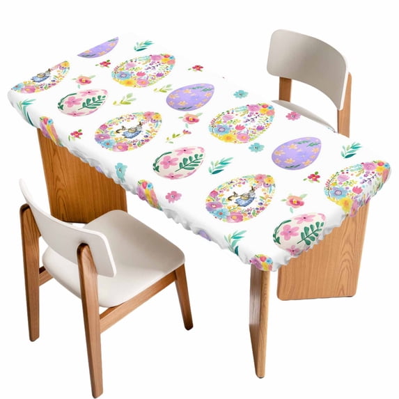 Easter Colorful Eggs Table Cloths for 3 Foot Rectangle Tables, Spring Flowers Leaves Country Plants Patio Waterproof Elastic Fitted Tablecloths, Washable Rectangular Table Cover for Camping