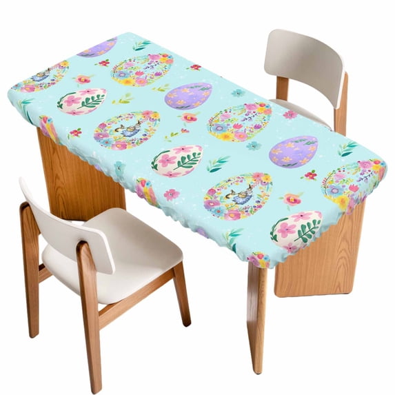 Easter Colorful Eggs Table Cloths for 4 Foot Rectangle Tables, Spring Flowers Leaves Country Plants Blue Patio Waterproof Elastic Fitted Tablecloths, Washable Rectangular Table Cover for Camping