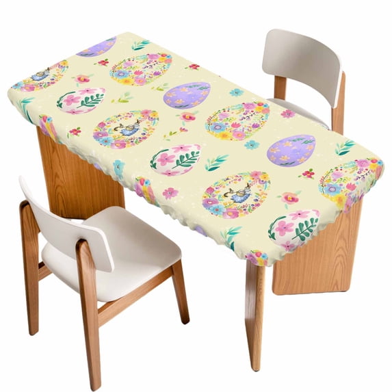 Easter Colorful Eggs Table Cloths for 6 Foot Rectangle Tables, Spring Flowers Leaves Country Plants Yellow Patio Waterproof Elastic Fitted Tablecloths, Washable Rectangular Table Cover for Camping