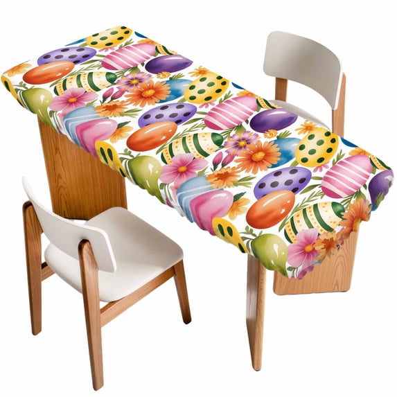Easter Colorful Eggs Table Cloths for 8 Foot Rectangle Tables, Farmhouse Floral Polka Dot Patio Waterproof Elastic Fitted Tablecloths, Washable Rectangular Table Cover for Camping