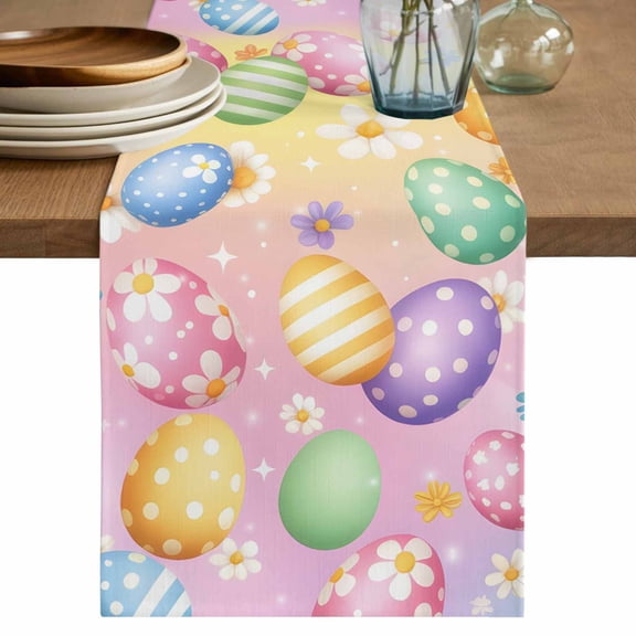 Easter Colorful Eggs Table Runner, White Daisy Spring Flowers Washable Cotton Linen Table Runners 70 Inches Long, Dresser Scarf Runner for Dining/Kitchen/Coffee/TV Stands/Cabinets 13''x70''