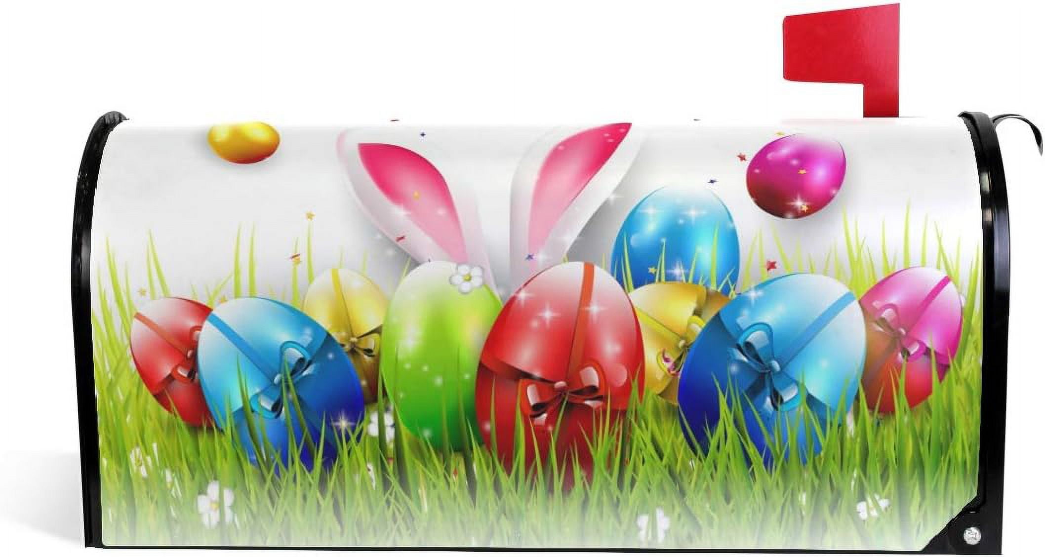 Easter Colorful Eggs and Bunny Magnetic Mailbox Cover MailWraps Garden Yard Home Decor for Outside Oversized-25.5" x20.8"
