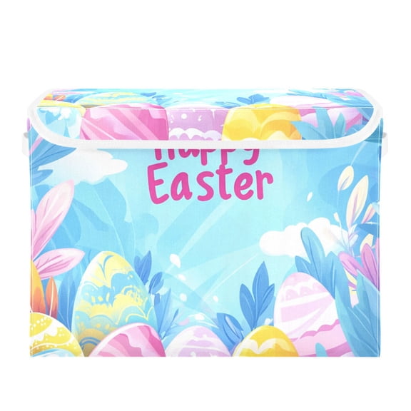 Easter Colorful Eggs and Leaves Foldable Storage Bin with Lid and Handle Collapsible Storage Box 16.5 x 12.6 x 11.8 inches