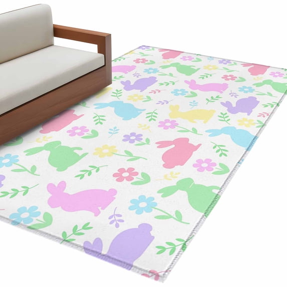 Easter Colorful Rabbits 3'x5' Area Rugs Spring Flower Cartoon Cute Washable Area Rugs Non-Slip Indoor Floor Mats Carpet for Living Room Bedroom Dining Room