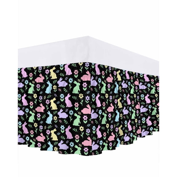 Easter Colorful Rabbits Bed Skirt King Size 16 Inch Drop, Spring Flower Cartoon Cute Black Adjustable Elastic Dust Ruffles Bedskirt for King Bed Wrap Around Pleated Mattress Frame Cover