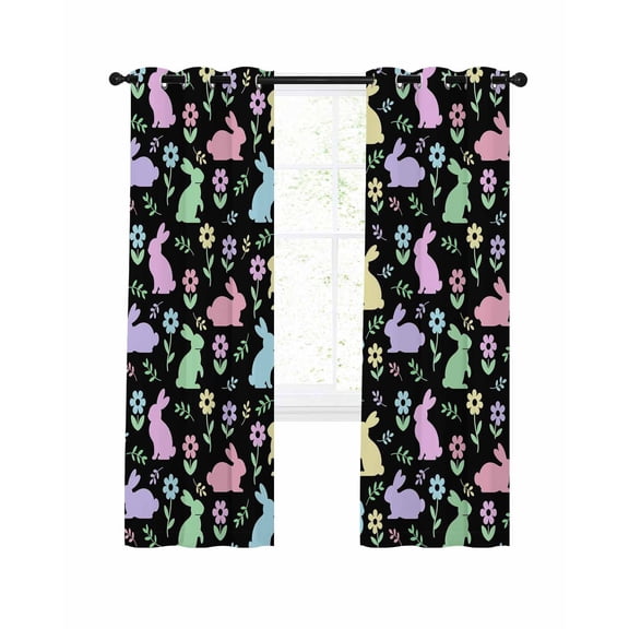 Easter Colorful Rabbits Blackout Curtains for Bedroom Living Room, Spring Flower Cartoon Cute Black 90 In Long Thermal Insulated Room Darkening Drapes Grommet Window Treatments, 52 x 90 In