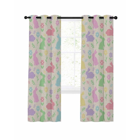 Easter Colorful Rabbits Blackout Curtains for Bedroom Living Room, Spring Flower Cartoon Cute Rustic 54 In Long Thermal Insulated Room Darkening Drapes Grommet Window Treatments, 42 x 54 In