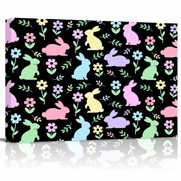 Easter Colorful Rabbits Canvas Print Wall Art Spring Flower Cartoon Cute Black Pictures Painting Morden Artwork for Living Room Bedroom, Ready to Hang - 12"x16"