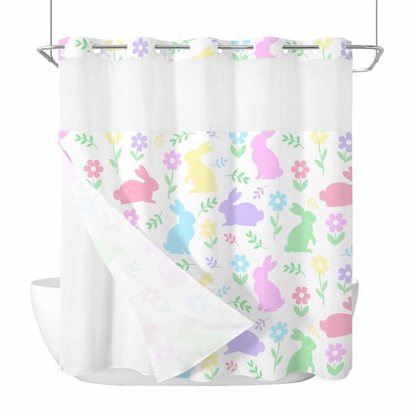 Easter Colorful Rabbits No Hooks Shower Curtain with Snap-in Liner Spring Flower Cartoon Cute Shower Curtains for Bathroom, Waterproof, Easy Install, Washable 72"x78"
