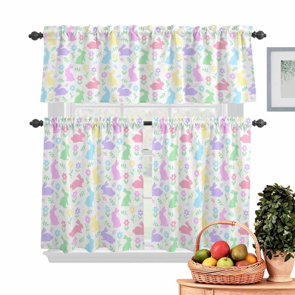 Easter Colorful Rabbits Kitchen Curtains Valances 3 Piece Set, Spring Flower Cartoon Cute Rod Pocket Tier Curtain and Valance Drapes for Small Window 24 Inch Length for Bedroom Cafe