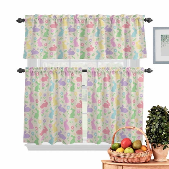 Easter Colorful Rabbits Kitchen Curtains Valances 3 Piece Set, Spring Flower Cartoon Cute Rustic Rod Pocket Tier Curtain and Valance Drapes for Small Window 36 Inch Length for Bedroom Cafe