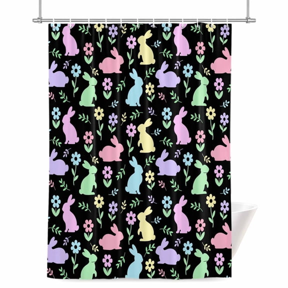 Easter Colorful Rabbits Shower Curtain, 72" x 84", Spring Flower Cartoon Cute Black Waterproof Bathroom Curtain Washable Shower Curtain Set with 12 Hooks