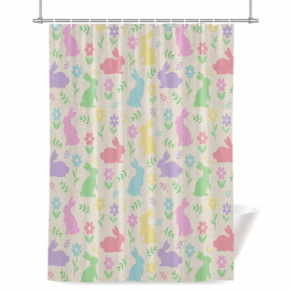 Easter Colorful Rabbits Shower Curtain, 72" x 84", Spring Flower Cartoon Cute Rustic Waterproof Bathroom Curtain Washable Shower Curtain Set with 12 Hooks