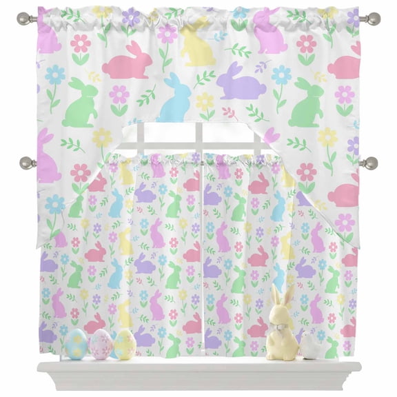 Easter Colorful Rabbits Swag Curtains Valance & Tier Set, Spring Flower Cartoon Cute 3 Pcs Set Kitchen Swag Valances and Tiers 24 Inch Length Rod Pocket Curtain Drapes for Bedroom