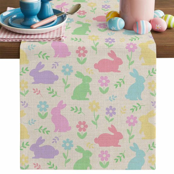 Easter Colorful Rabbits Table Runner, Spring Flower Cartoon Cute Rustic Cotton Linen Kitchen Table Decoration Washable Dining Tabletop Runners for Home Party Decor 13x36 Inches